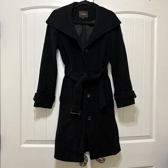 Cole Haan wool cashmere blend long button front shawl collar belted coat, size 2 - Picture 1 of 11